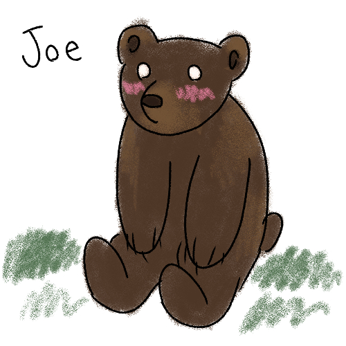 a scribbled drawing of a brown bear sitting in grass, with a cartoon blush under her eyes. next to her is her name, 'joe'